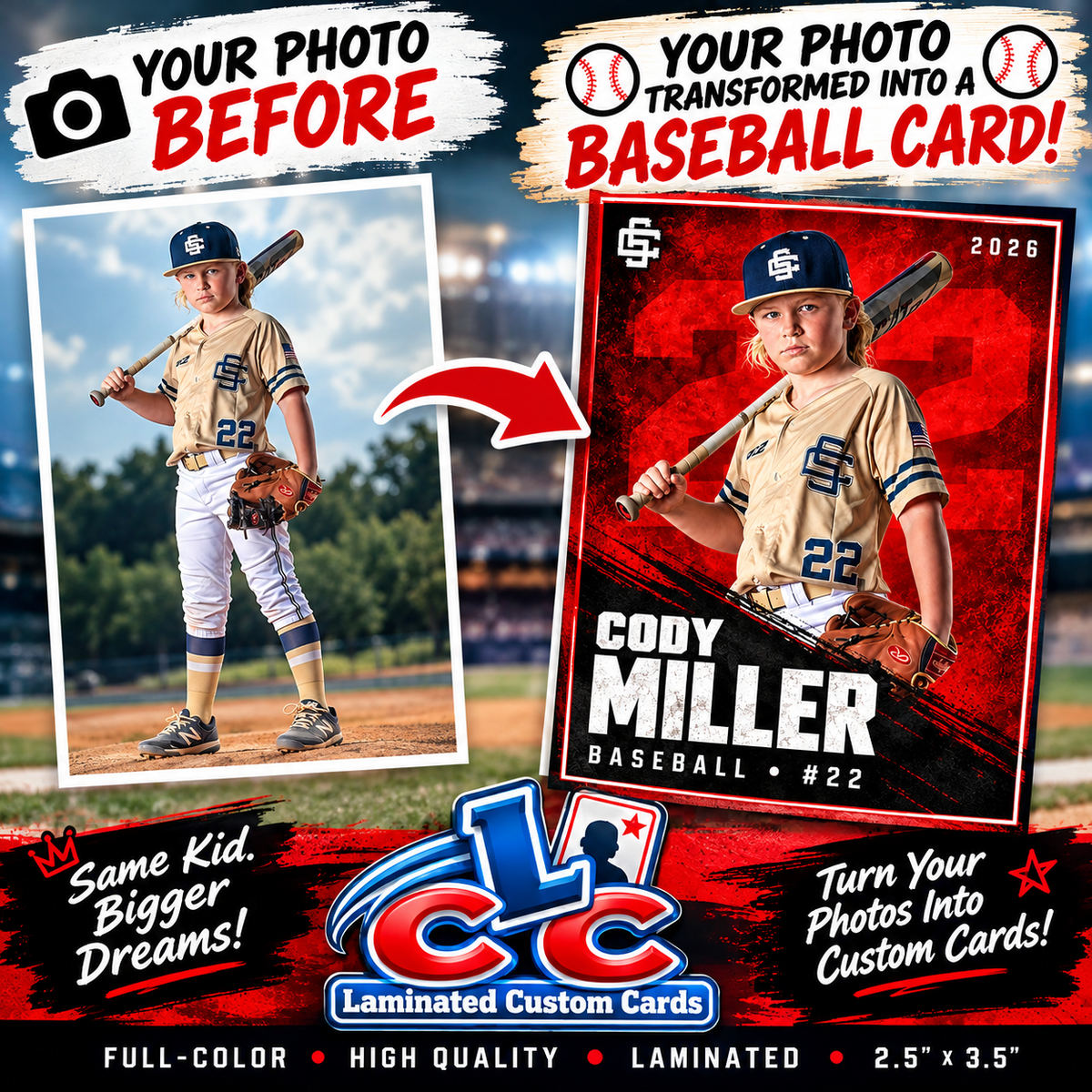 Personalized Laminated Baseball Cards — Lot of 8, 16, 24 or 32 Cards — Design 4
