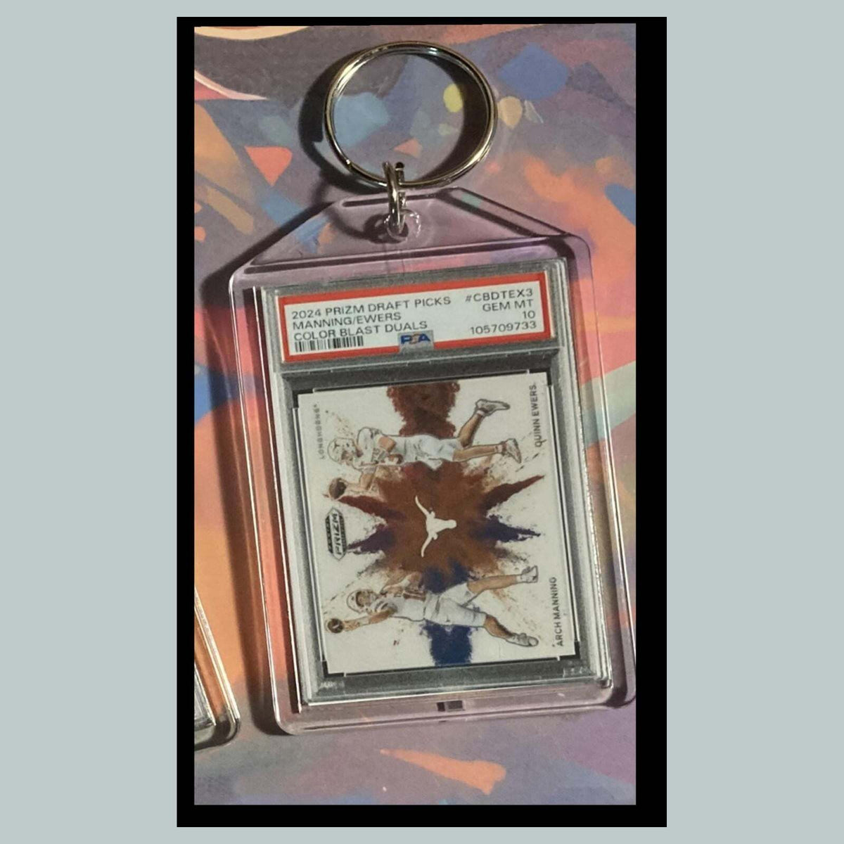 3474 Arch Manning/Ewers 2024 Panini Prizm Color Blast Duals Custom Made Keychain
