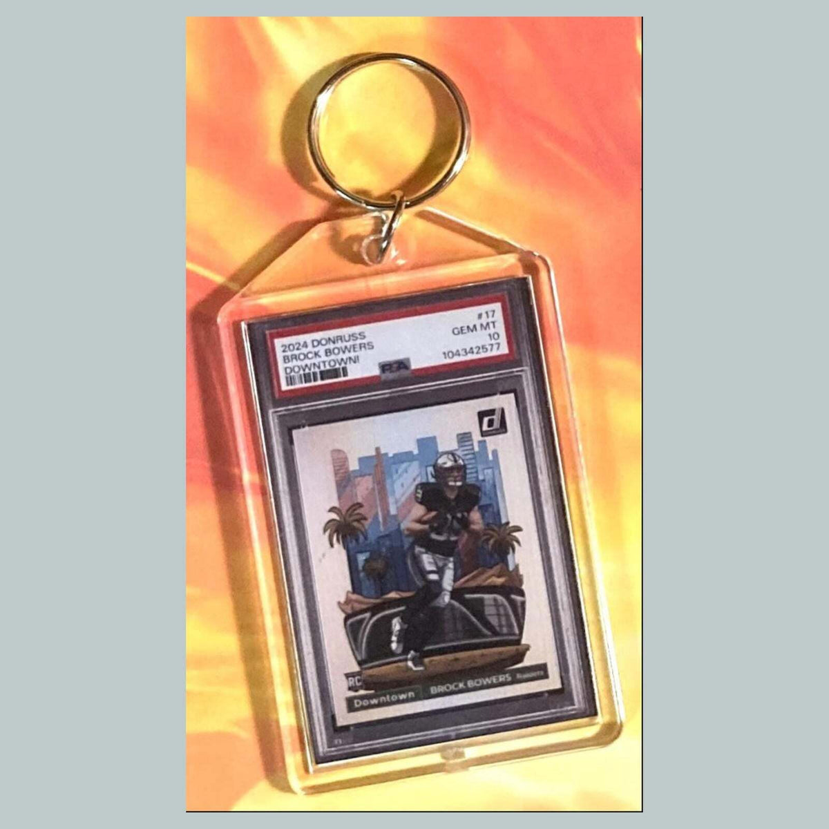 3695 Brock Bowers 2024 Panini Donruss Downtown Custom Hand Made Keychain