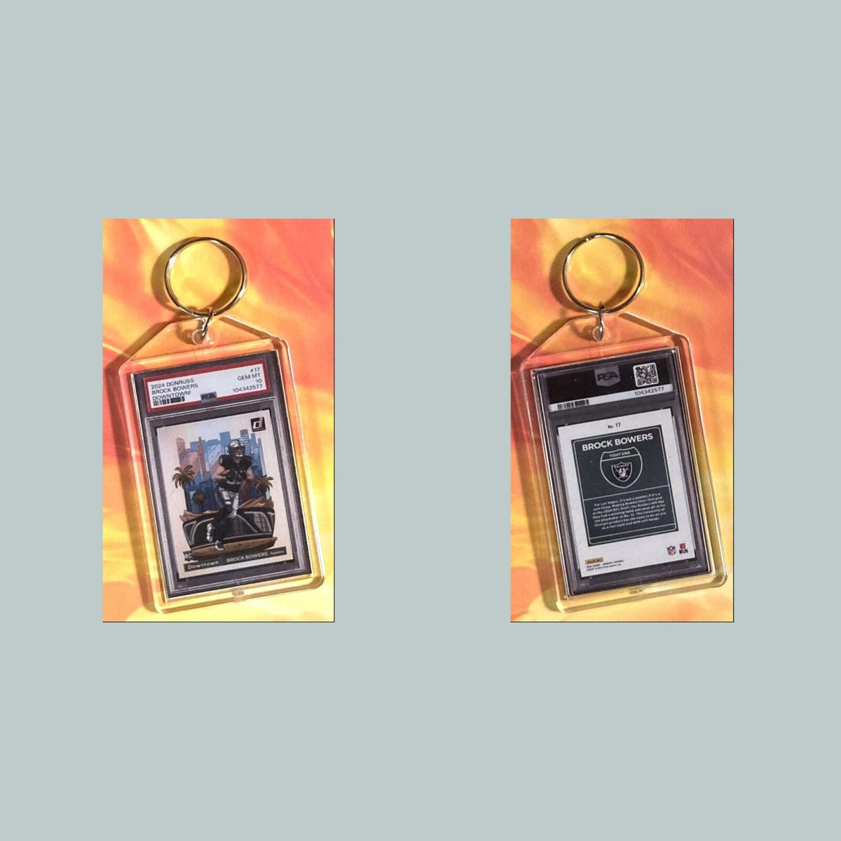 3695 Brock Bowers 2024 Panini Donruss Downtown Custom Hand Made Keychain