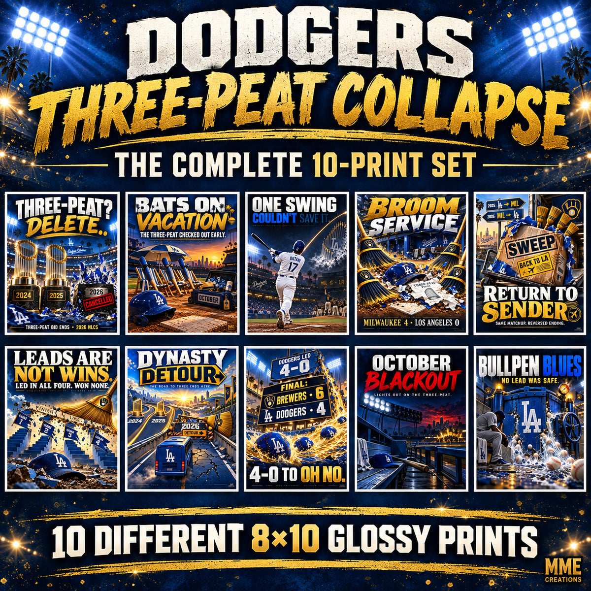 Dodgers Three-Peat Collapse Complete Set Ten 8x10 Glossy Art Prints