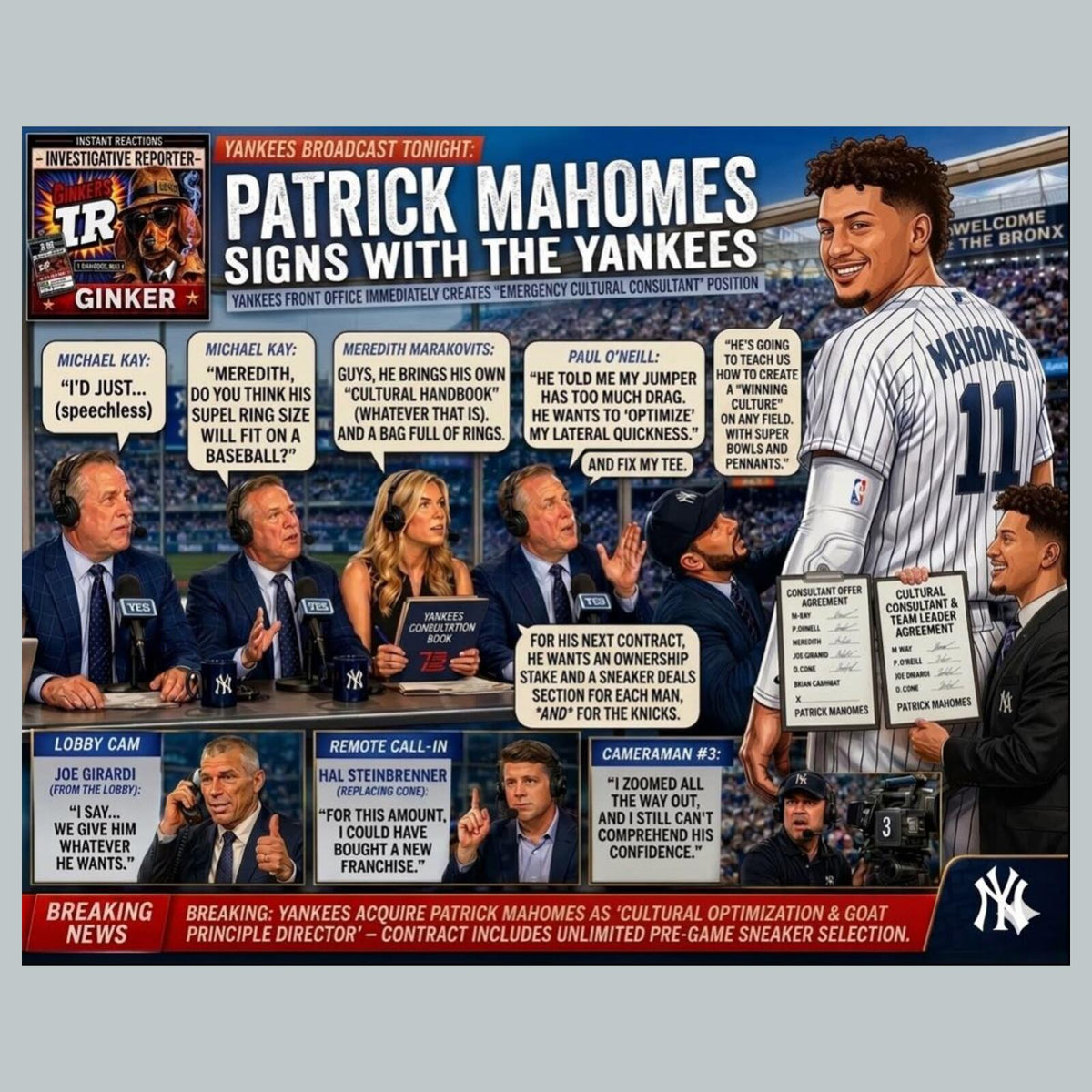 2831 News Flash Patrick Mahomes Signs With Yankees Ginker’s Reactions 8X10