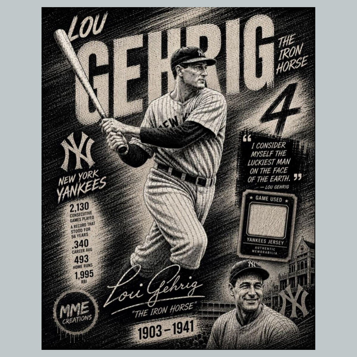 2602 Lou Gehrig 'The Iron Horse' Zoom Art Series 8X10 Giclée Print BBL