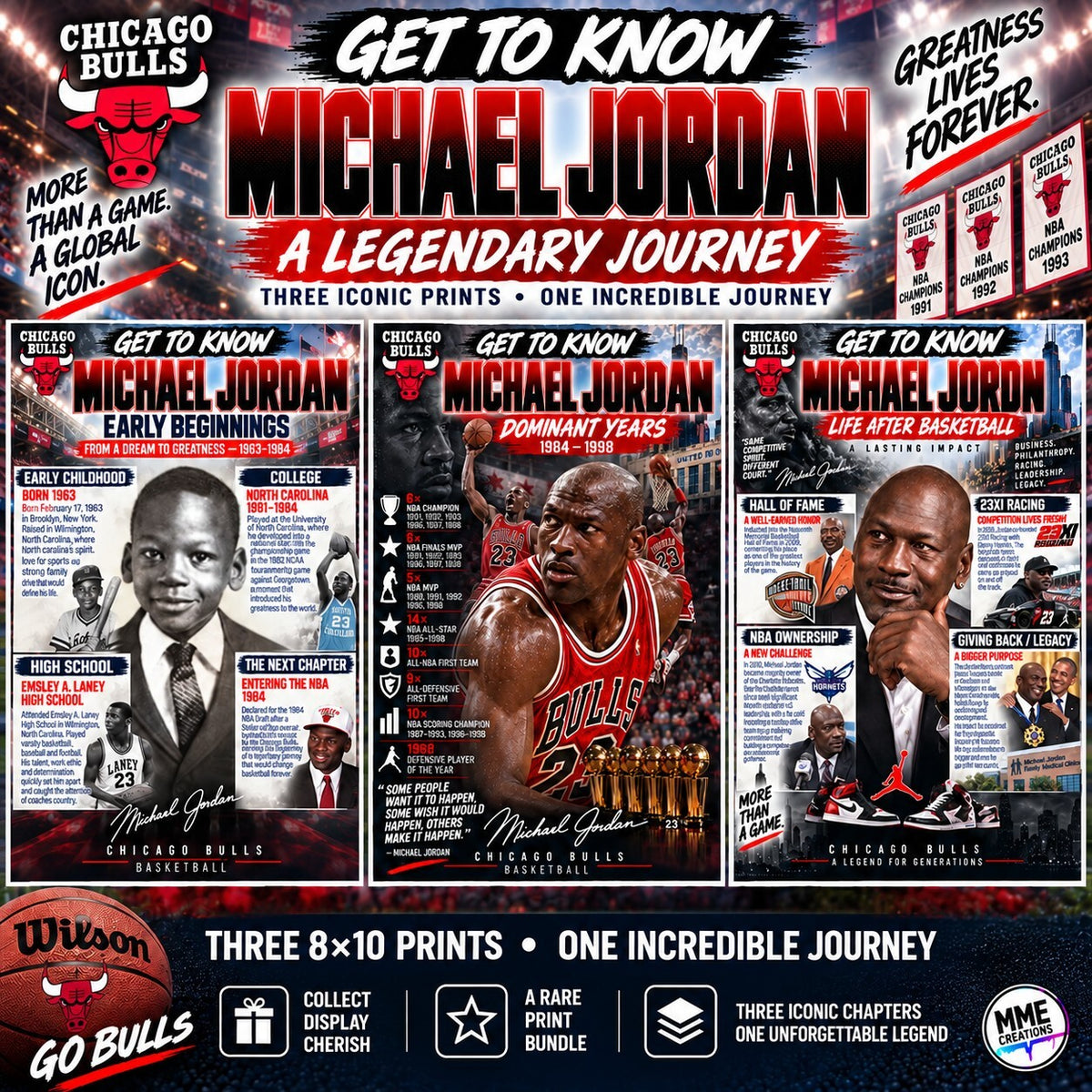 4430 Michael Jordan Get to Know Series 3-Print Bundle 3 8x10 Glossy Prints