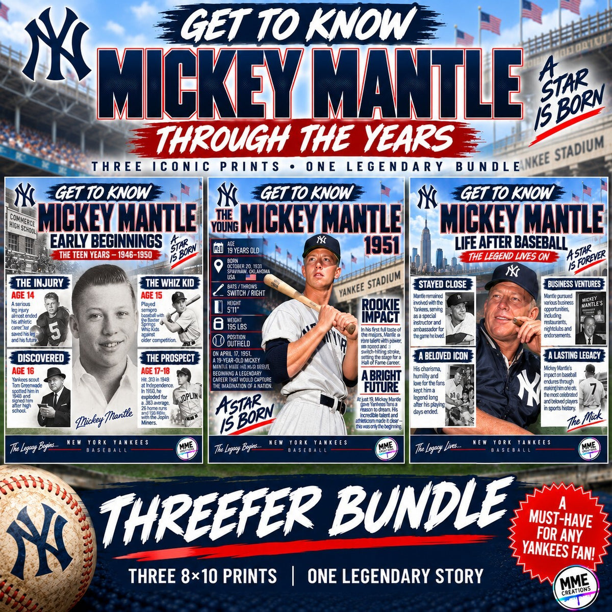 4473 Mickey Mantle | Get to Know Series | 3-Print Bundle | Great History
