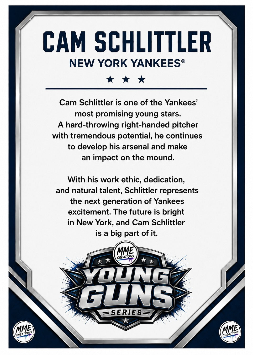 4312 Cam Schlittler Young Guns Laminated Custom Baseball Card Red Ice
