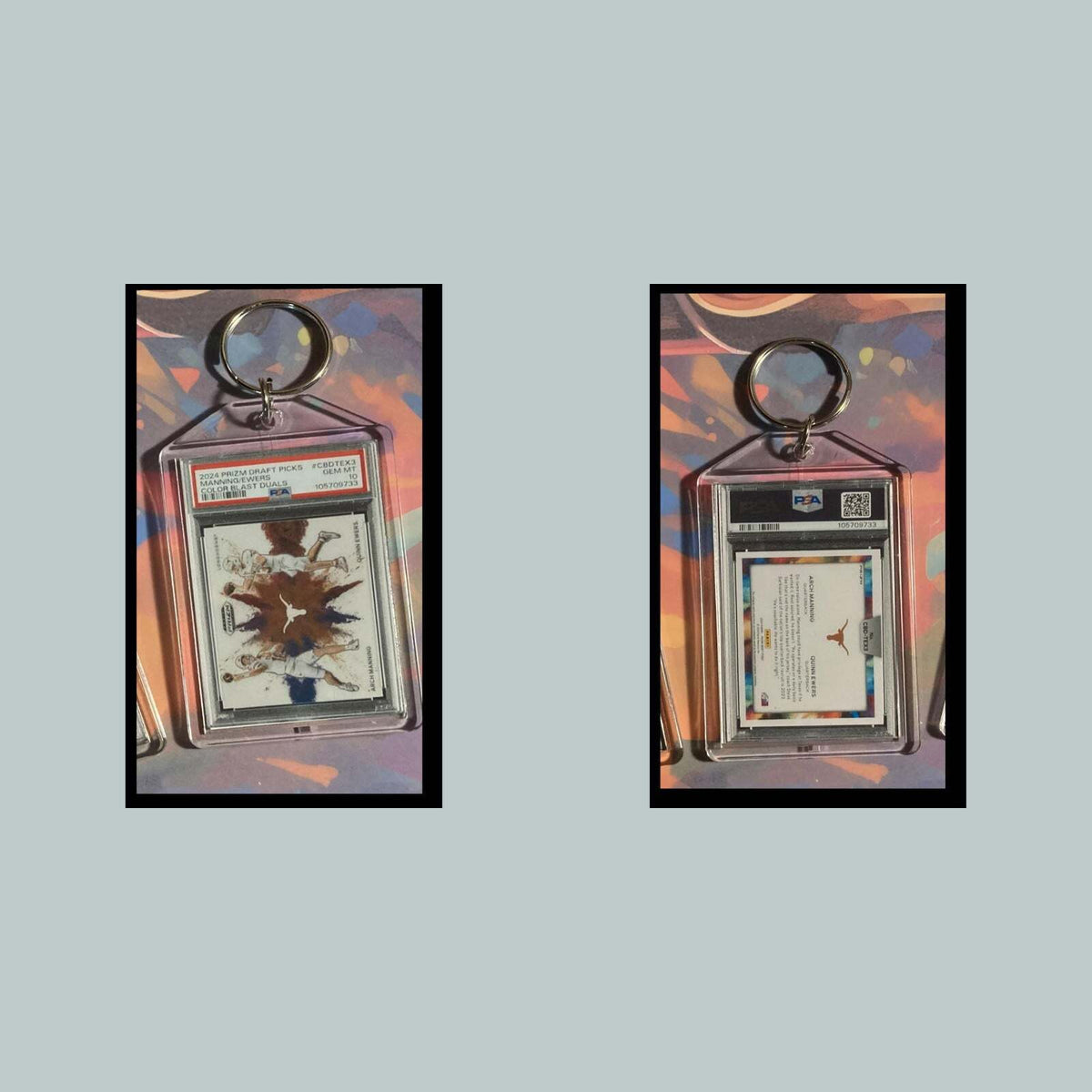 3474 Arch Manning/Ewers 2024 Panini Prizm Color Blast Duals Custom Made Keychain
