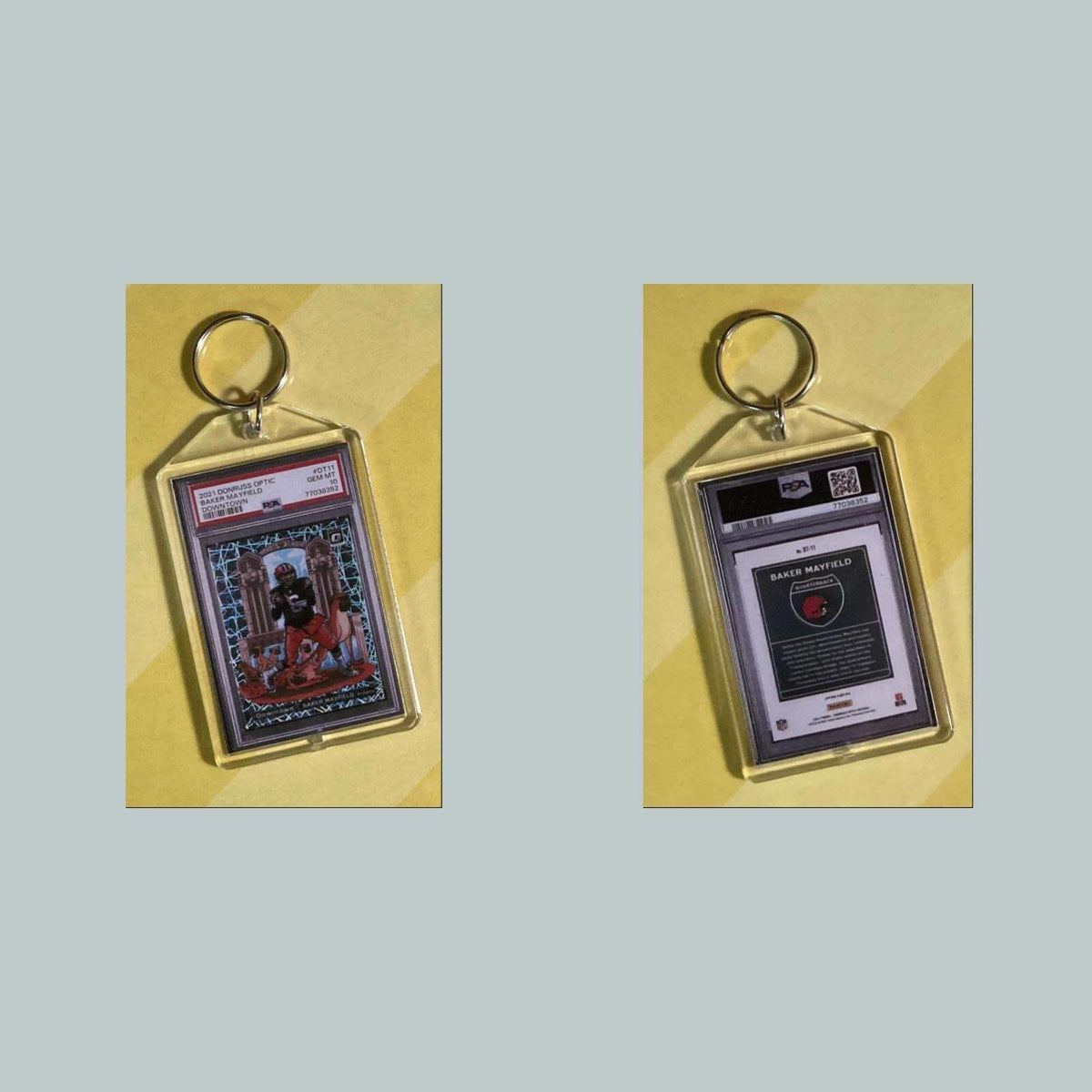 3781 Baker Mayfield 2021 Panini Donruss Optic Downtown Custom Hand Made Keychain
