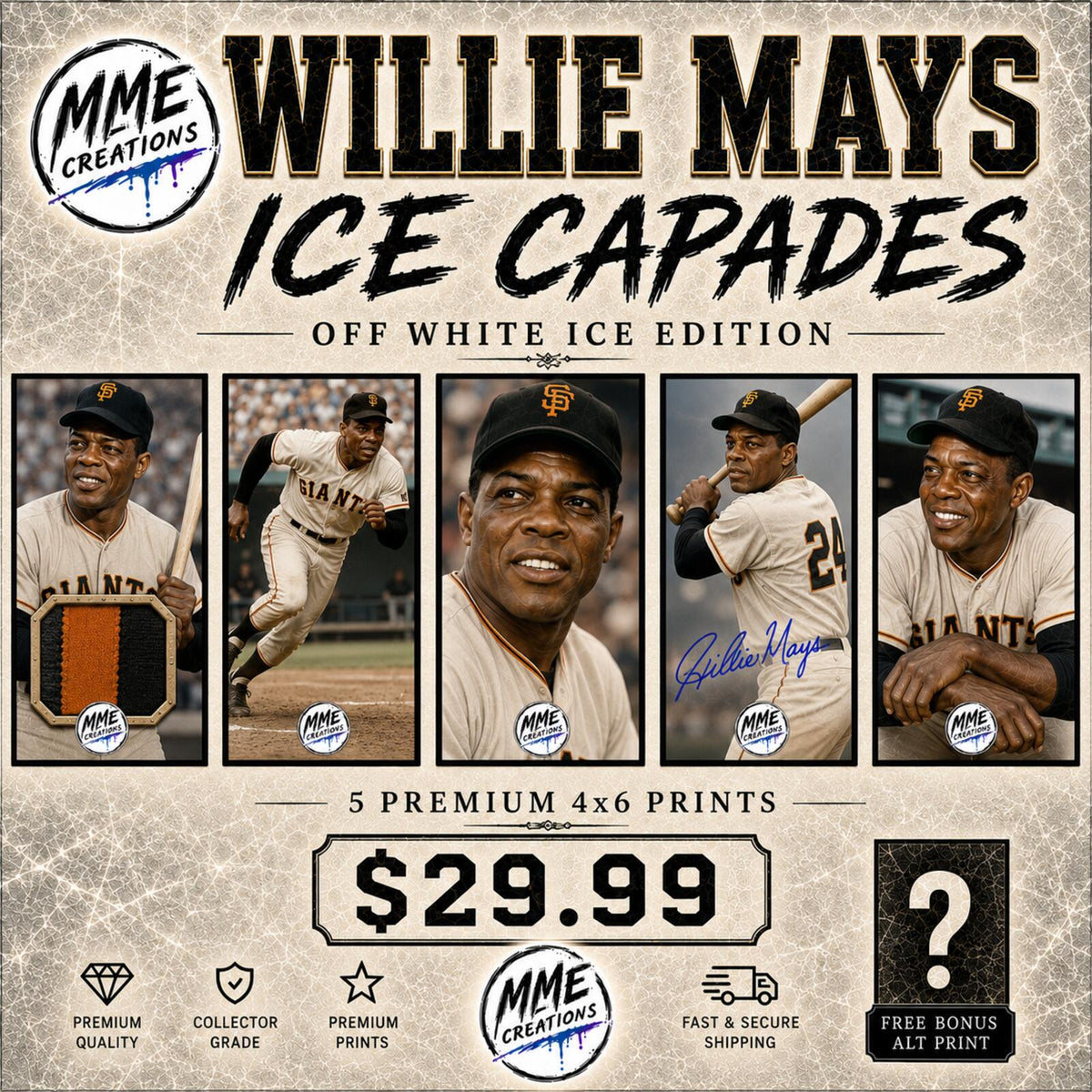 2632 Willie Mays Zoom Art | Ice Capades Multi Color 5 Glossy Art Prints Set BBL
