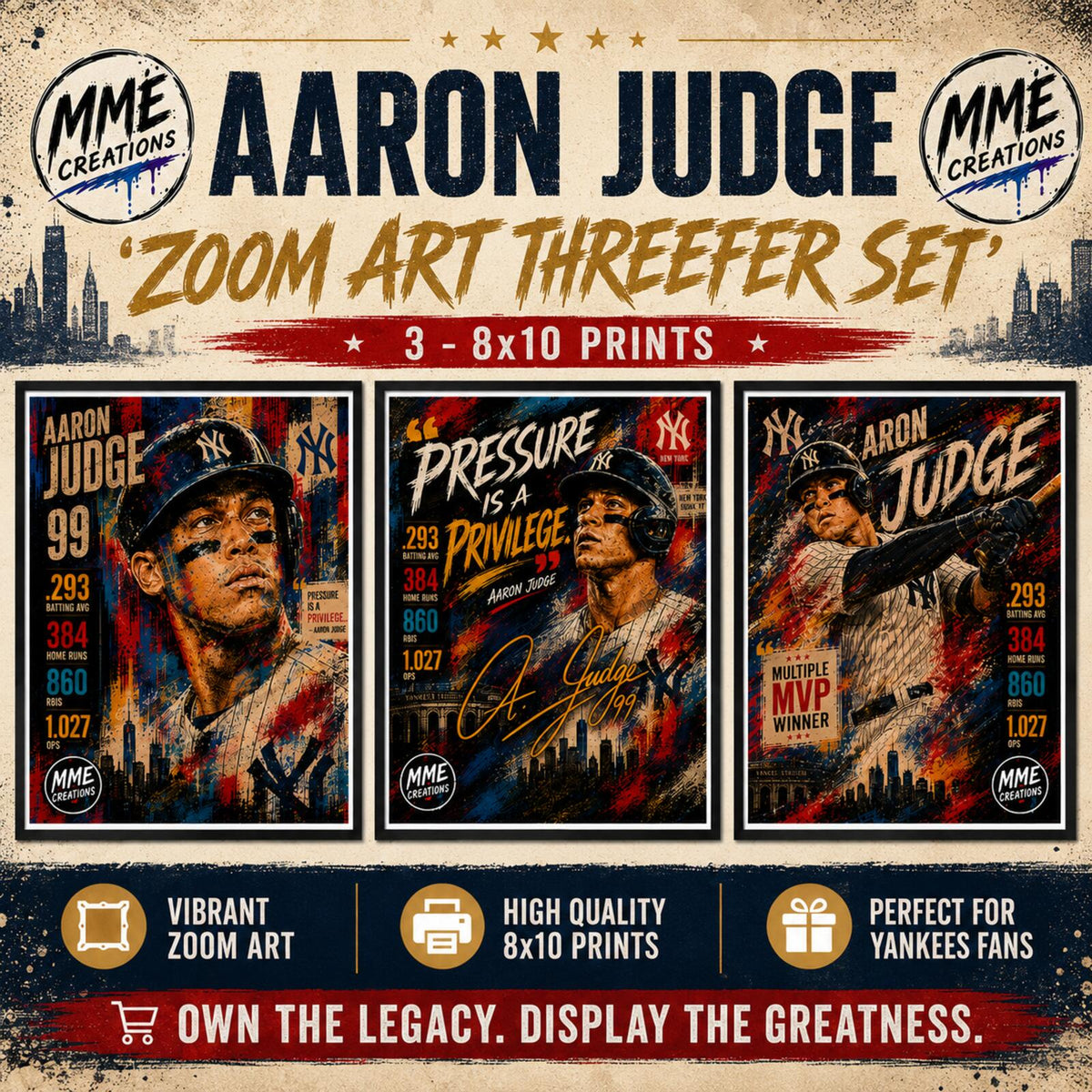 2682 Aaron Judge Zoom Art Giclée Prints Threefer Bundle 3 Stylized 8X10 Prints BBL