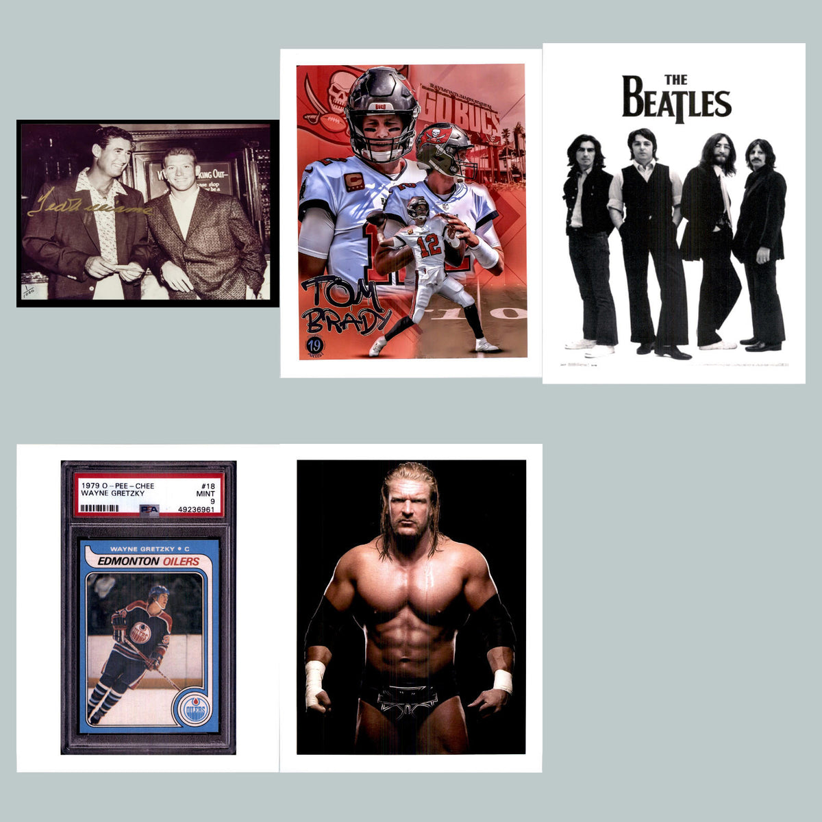 0977B- Ted Williams/Brady/Beatles/Gretzky/HHH - 5 Legends  8x10 Glossy Photos
