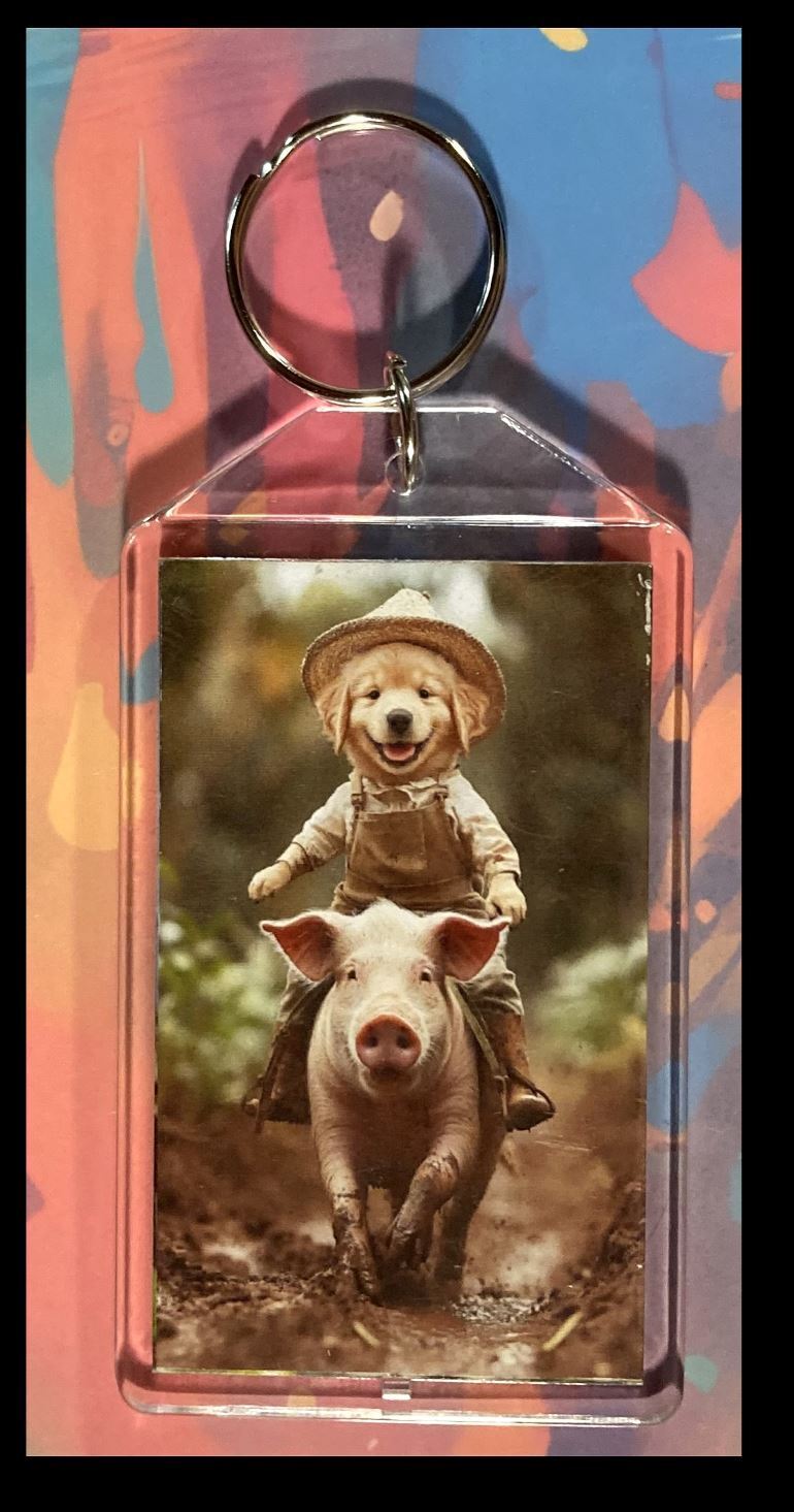 3309 Puppy Riding a Pig Custom Hand Made Keychain - Makes A Great Gift