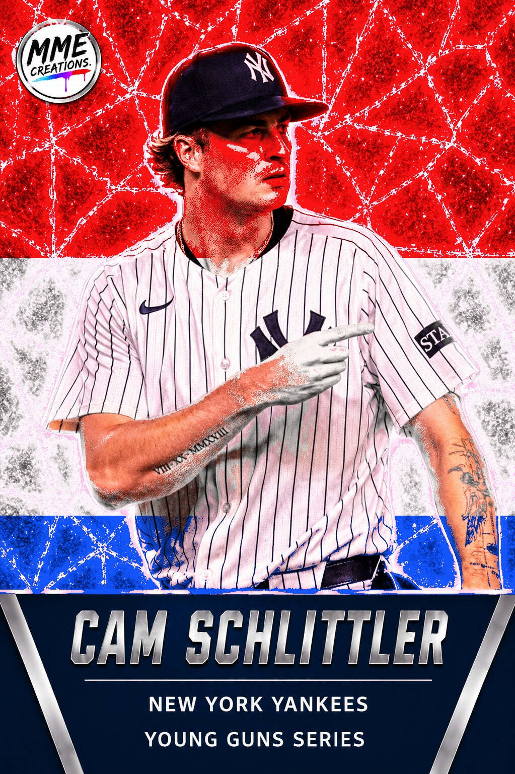 4314 Cam Schlittler Young Guns Laminated Custom Baseball Card R/W.B Ice 3 Rows