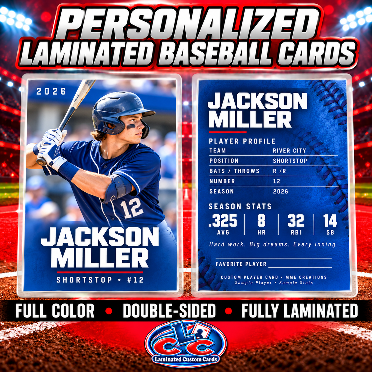 Personalized Laminated Baseball Cards — Lot of 8, 16, 24 or 32 Cards — Design 2
