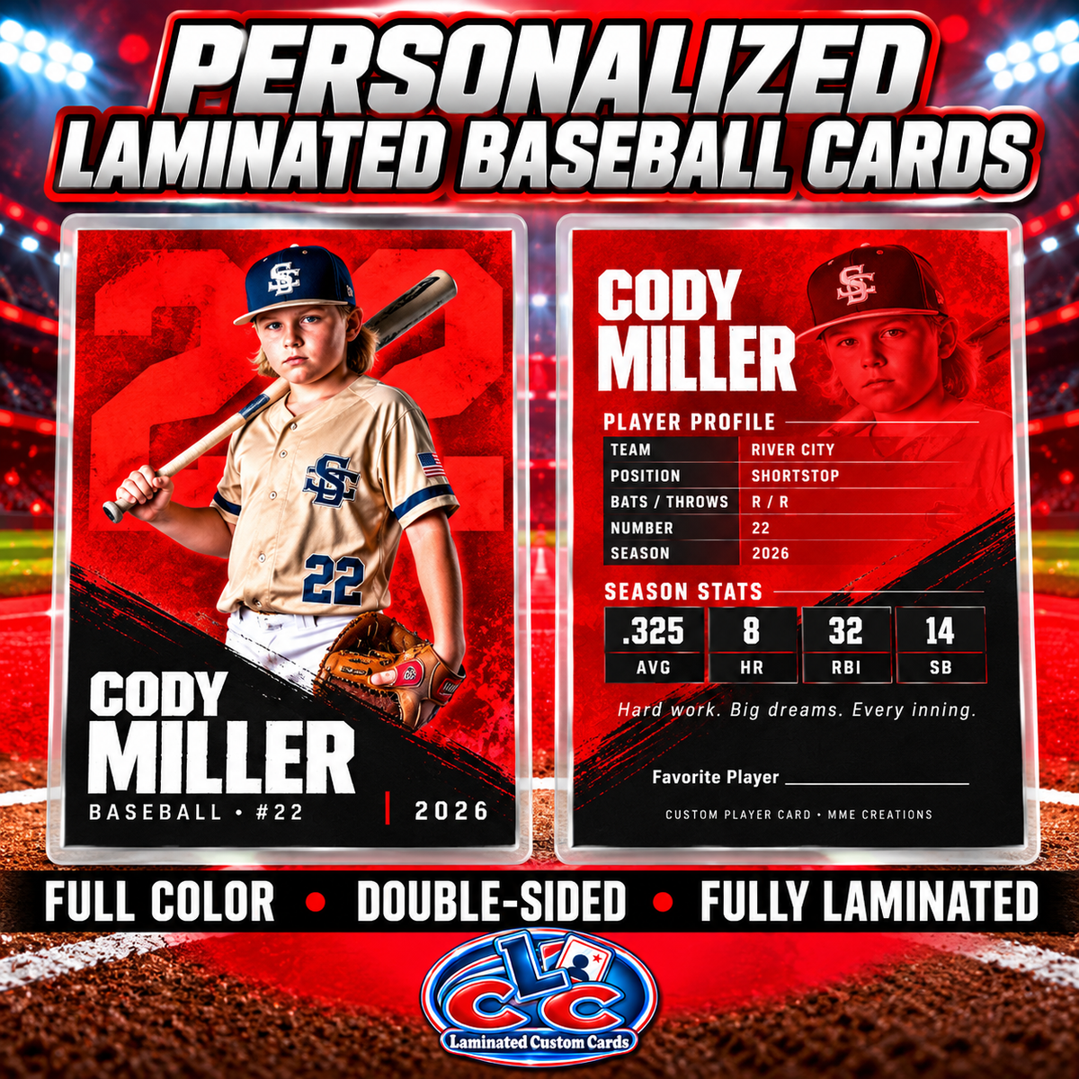 Personalized Laminated Baseball Cards — Lot of 8, 16, 24 or 32 Cards — Design 4