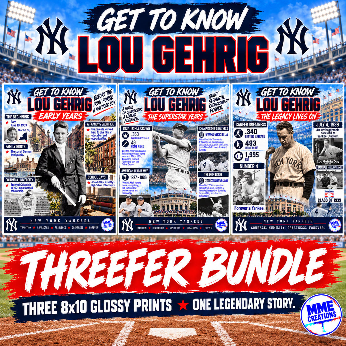 9999 Lou Gehrig Get to Know Series 3-Print Bundle 3 8x10 Glossy Prints