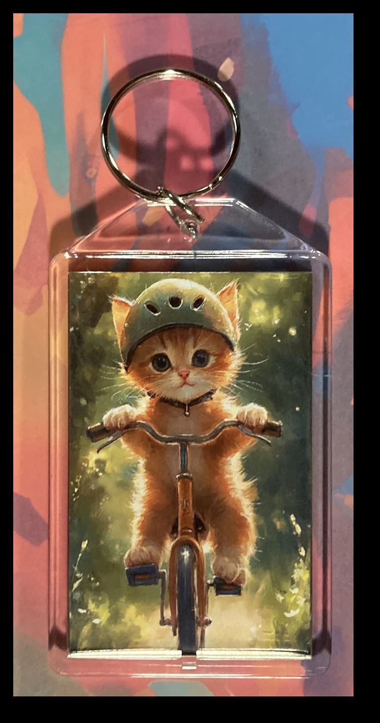3291 Kitty Riding Bike -Custom Hand Made Keychain - Makes A Great Gift