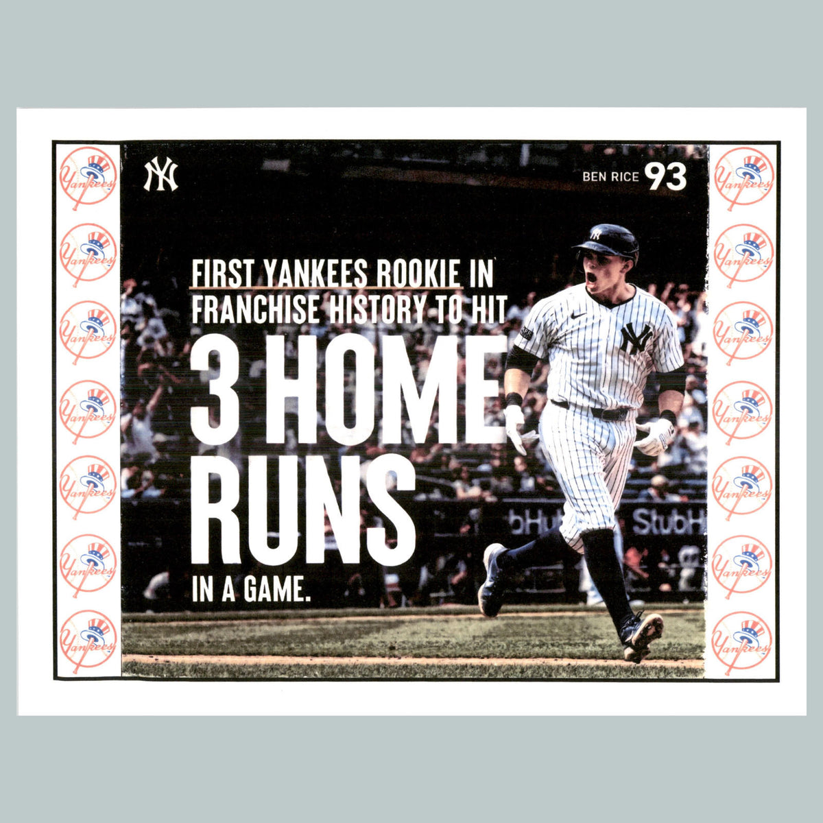 0072 P -8X10 Ben Rice 3hr-With 14 Yankee Logos Glossy Photo FastShip BBL