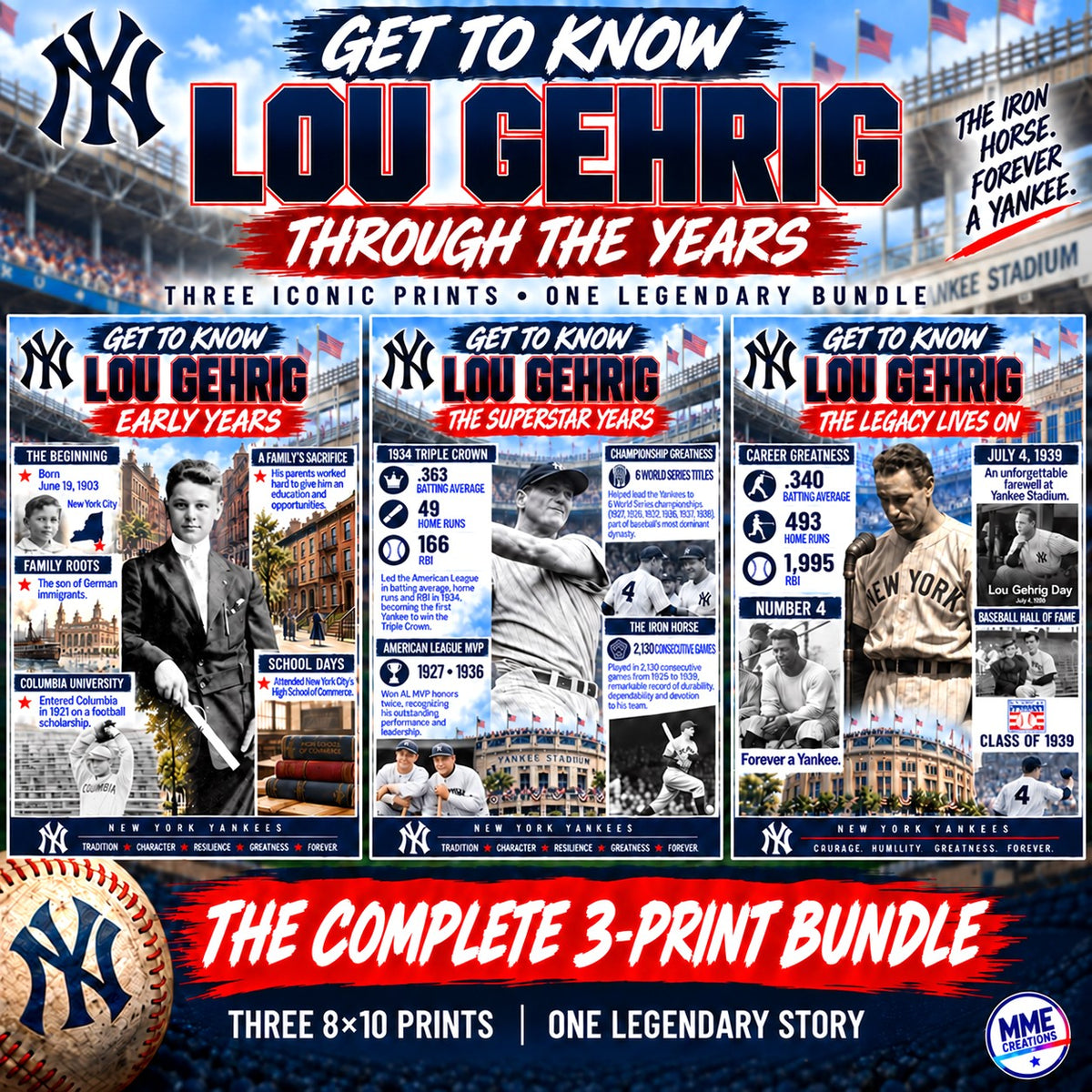 Lou Gehrig GTK Through the Years 3-print bundle
