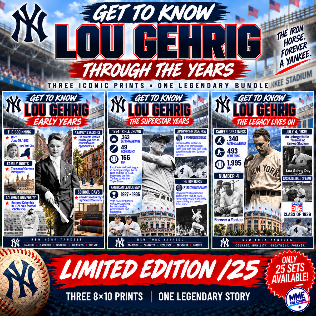 Lou Gehrig GTK Through the Years Limited Edition /25 3-print bundle