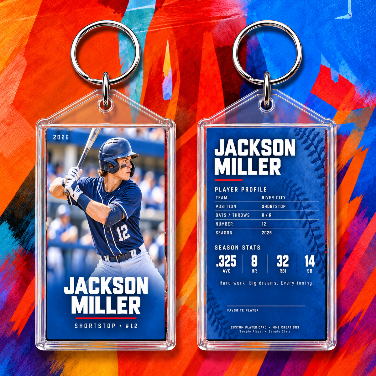 Personalized baseball acrylic keychain Design 2 front and back sample