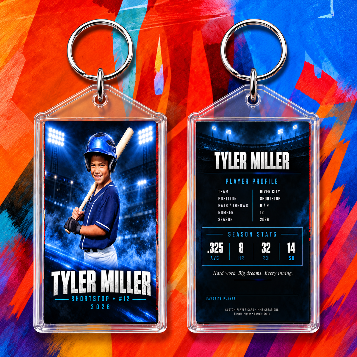 Personalized baseball acrylic keychain Design 1 front and back sample