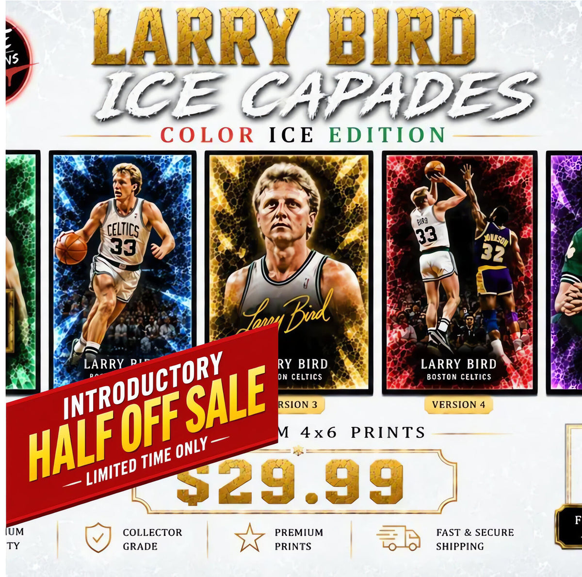 2627 Larry Bird Multi Color Zoom Art Ice Capades 5 Glossy Prints Collector Set BKL