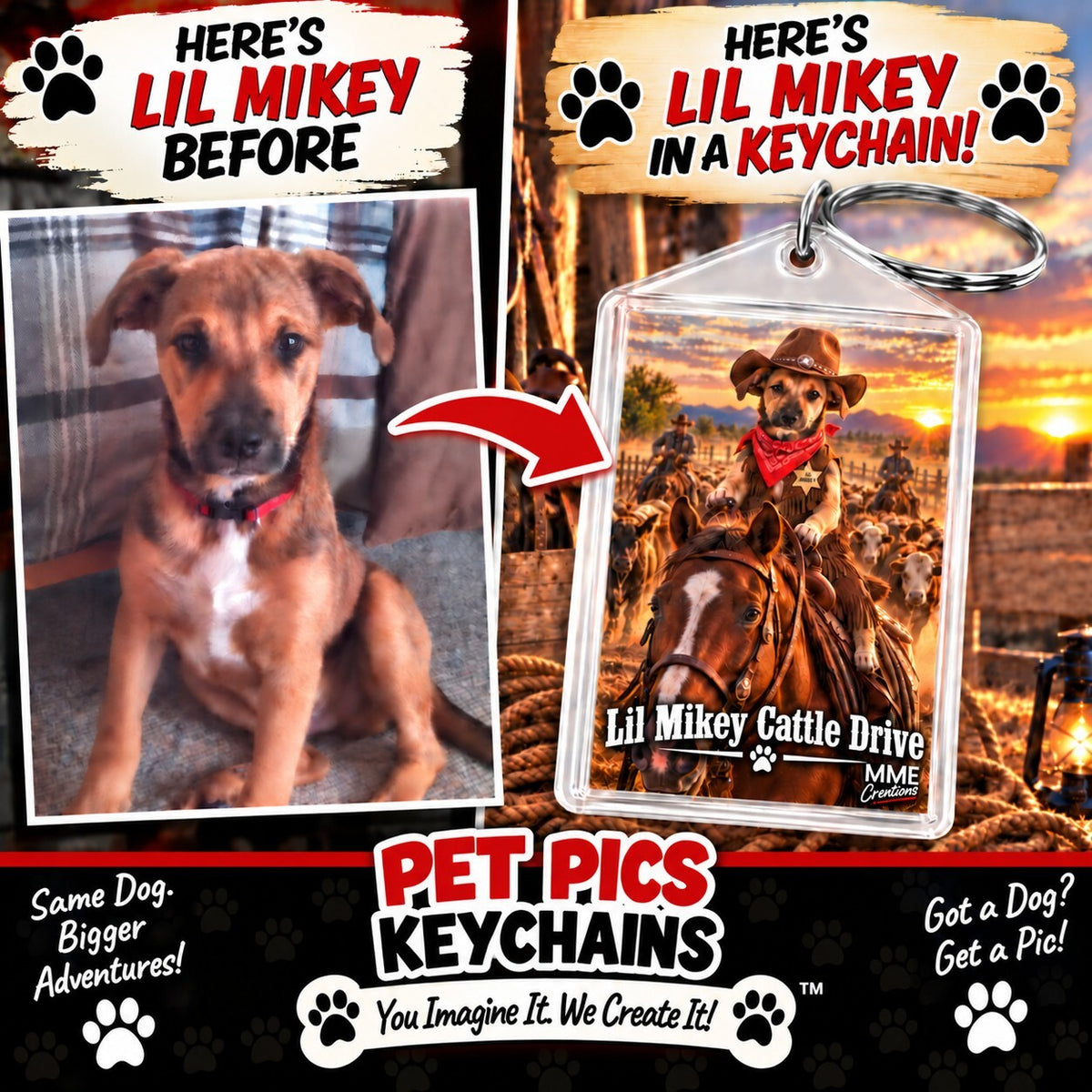 4848 Personalized Pet Pics Keychain Turn Your Dog Into a Cowboy – Ready to Go