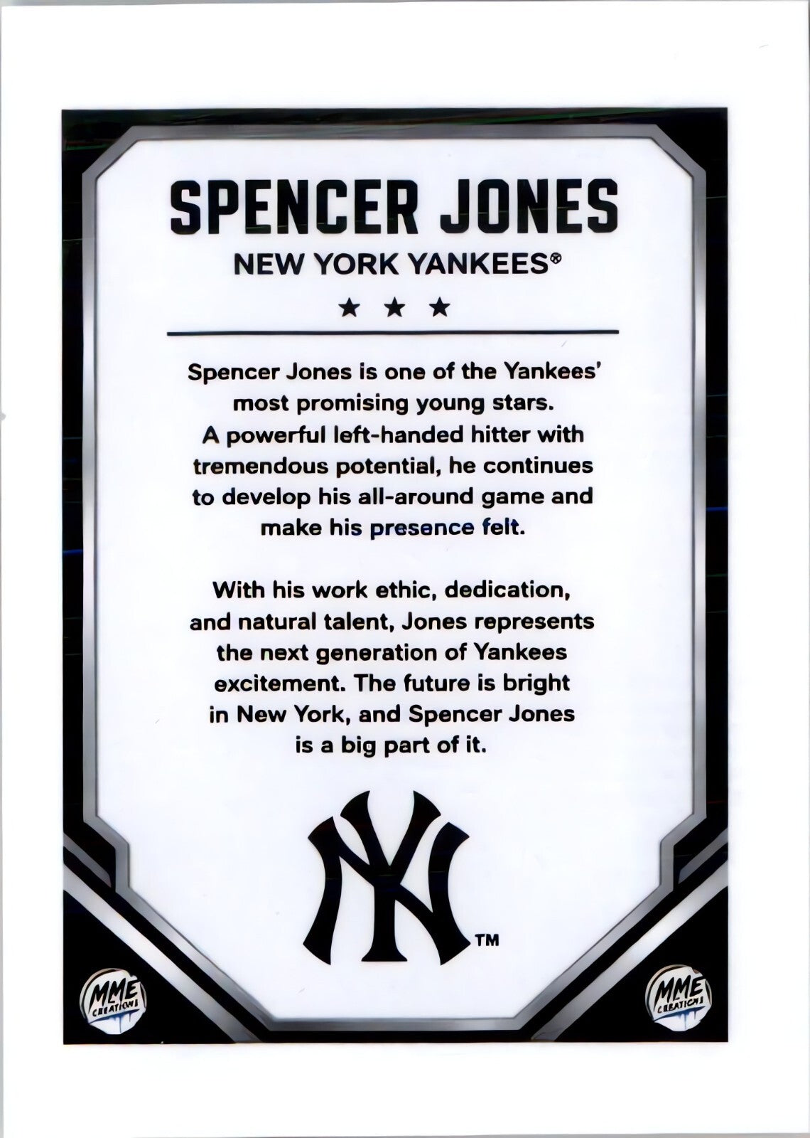 4228 Spencer Jones | Young Guns | Laminated Custom Baseball Card | R/W/B Ice