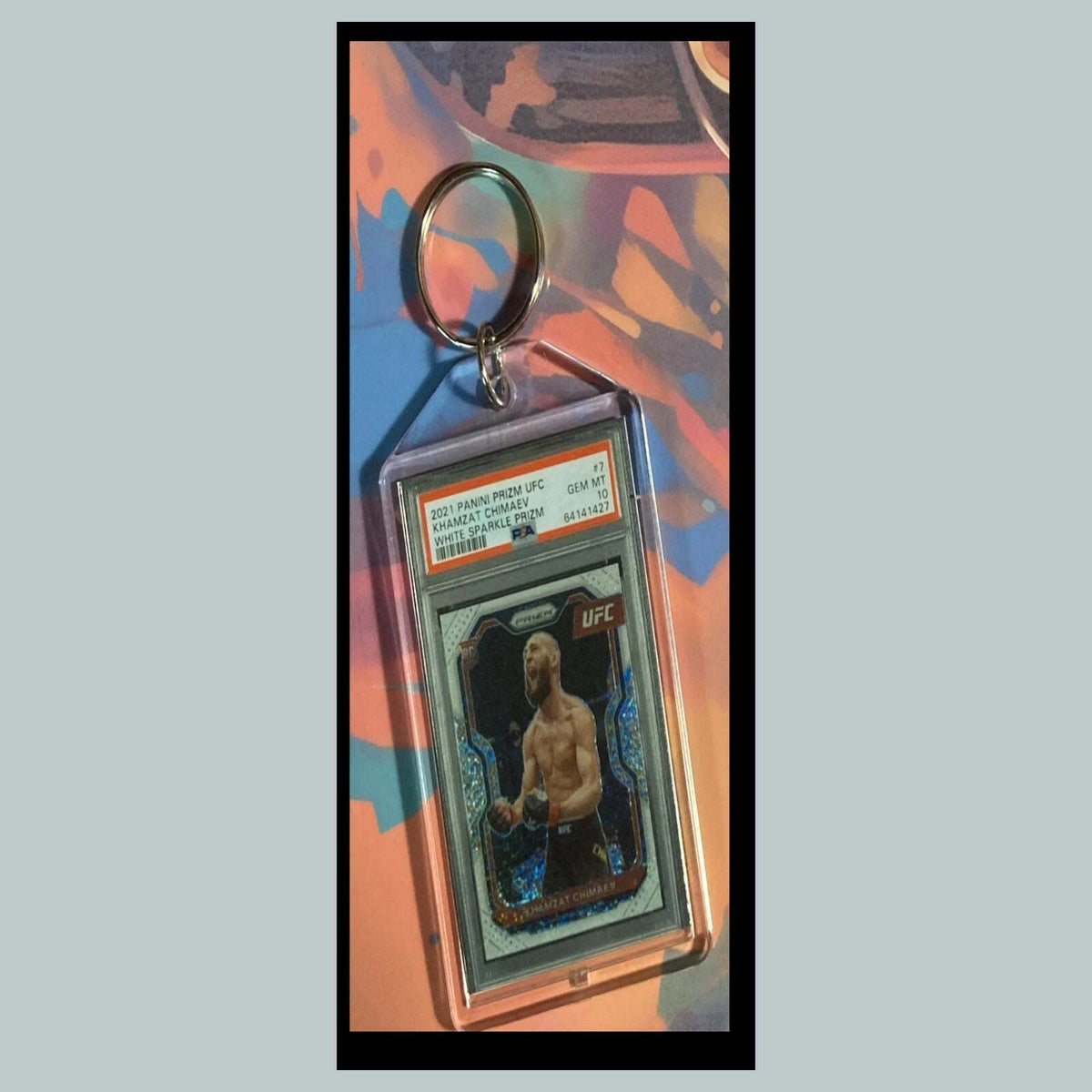 3446 Khamzat Chimaev 2021 Panini Prizm White Sparkle Custom Hand Made Keychain KYC MSC