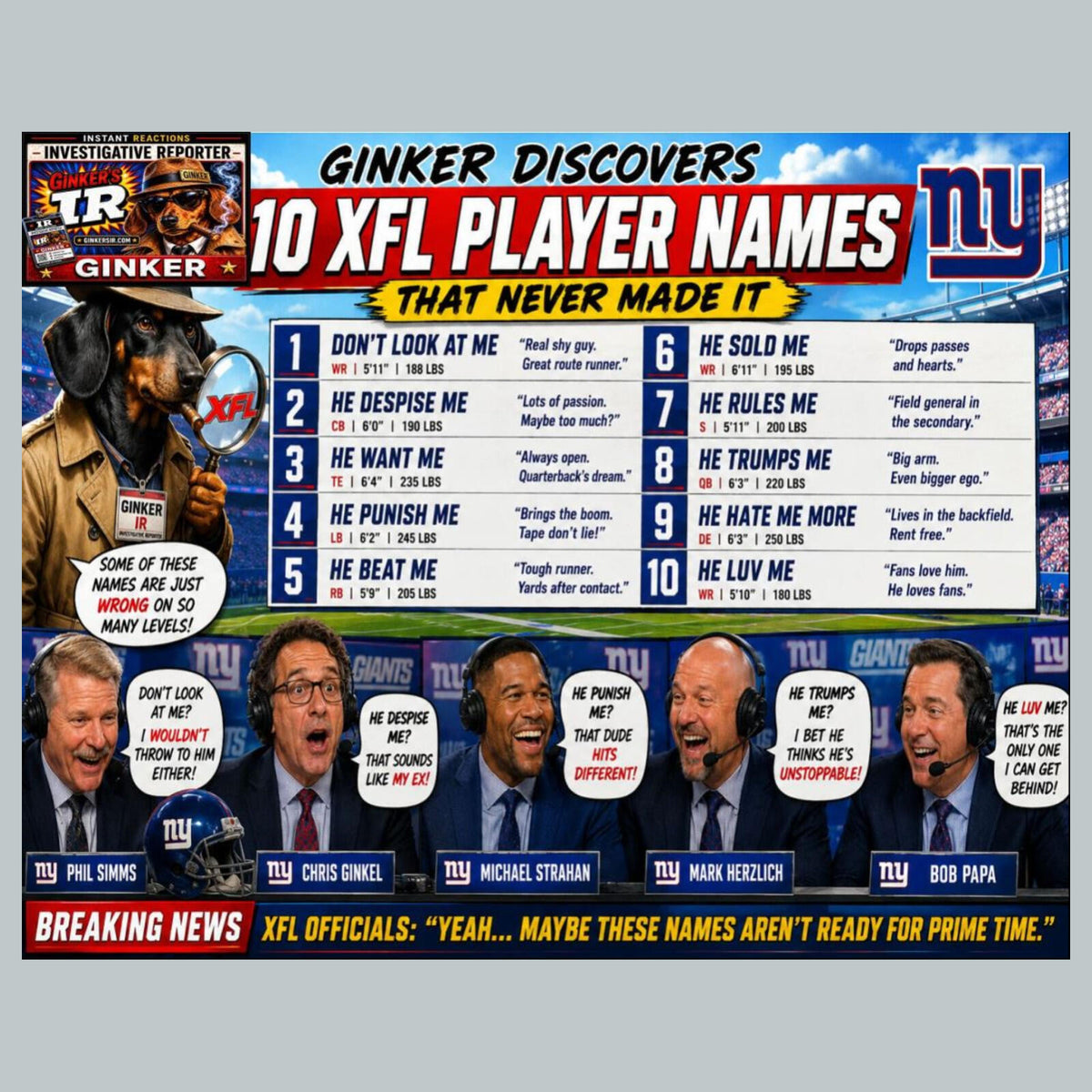 2854 XFL Names That Never Made It Ginker’s Instant Reactions 8X10 Print