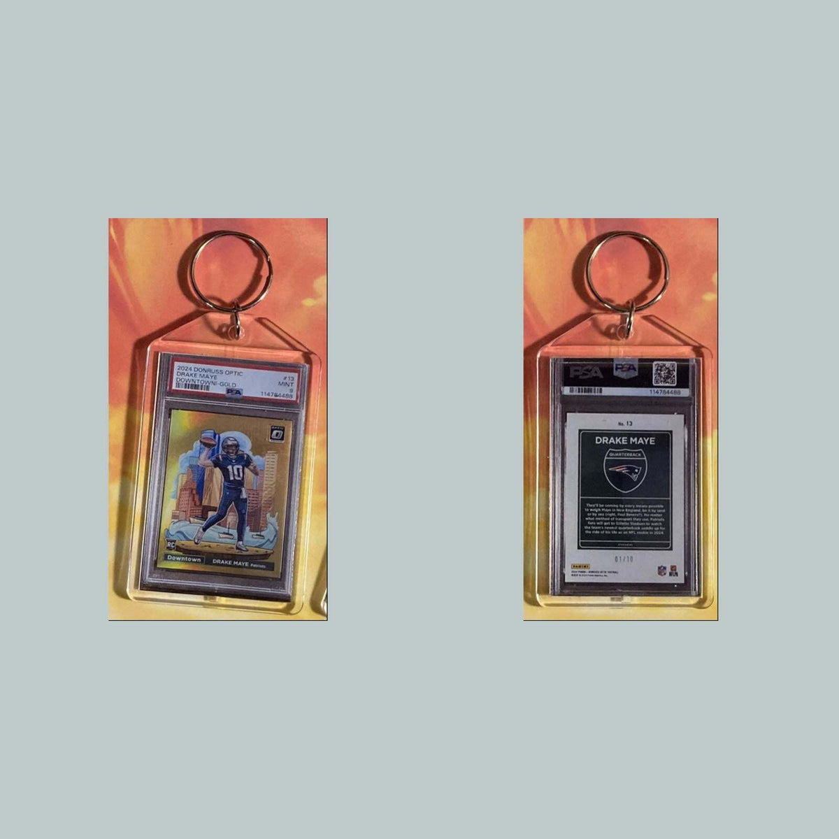 3715 Drake Maye 2024 Donruss Optic Gold Downtown Custom Hand Made Keychain