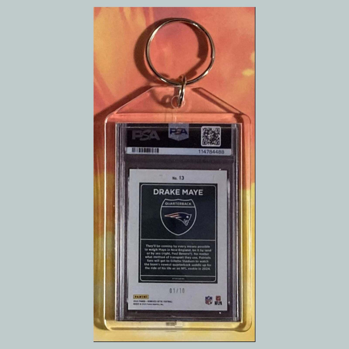 3715 Drake Maye 2024 Donruss Optic Gold Downtown Custom Hand Made Keychain
