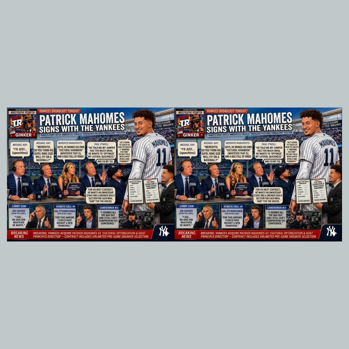 2831 News Flash Patrick Mahomes Signs With Yankees Ginker’s Reactions 8X10