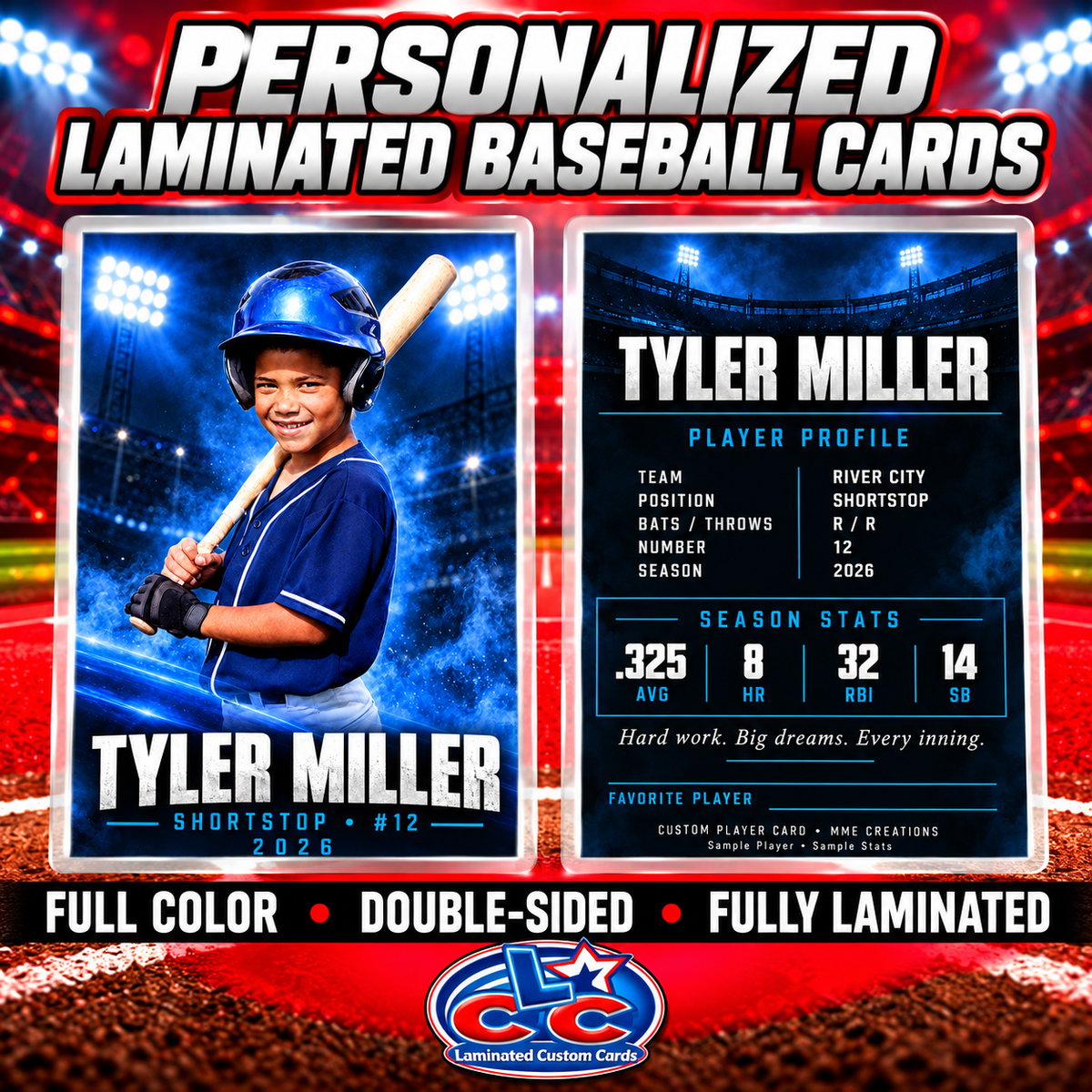 Personalized Laminated Baseball Cards — Lot of 8, 16, 24 or 32 Cards — Design 1