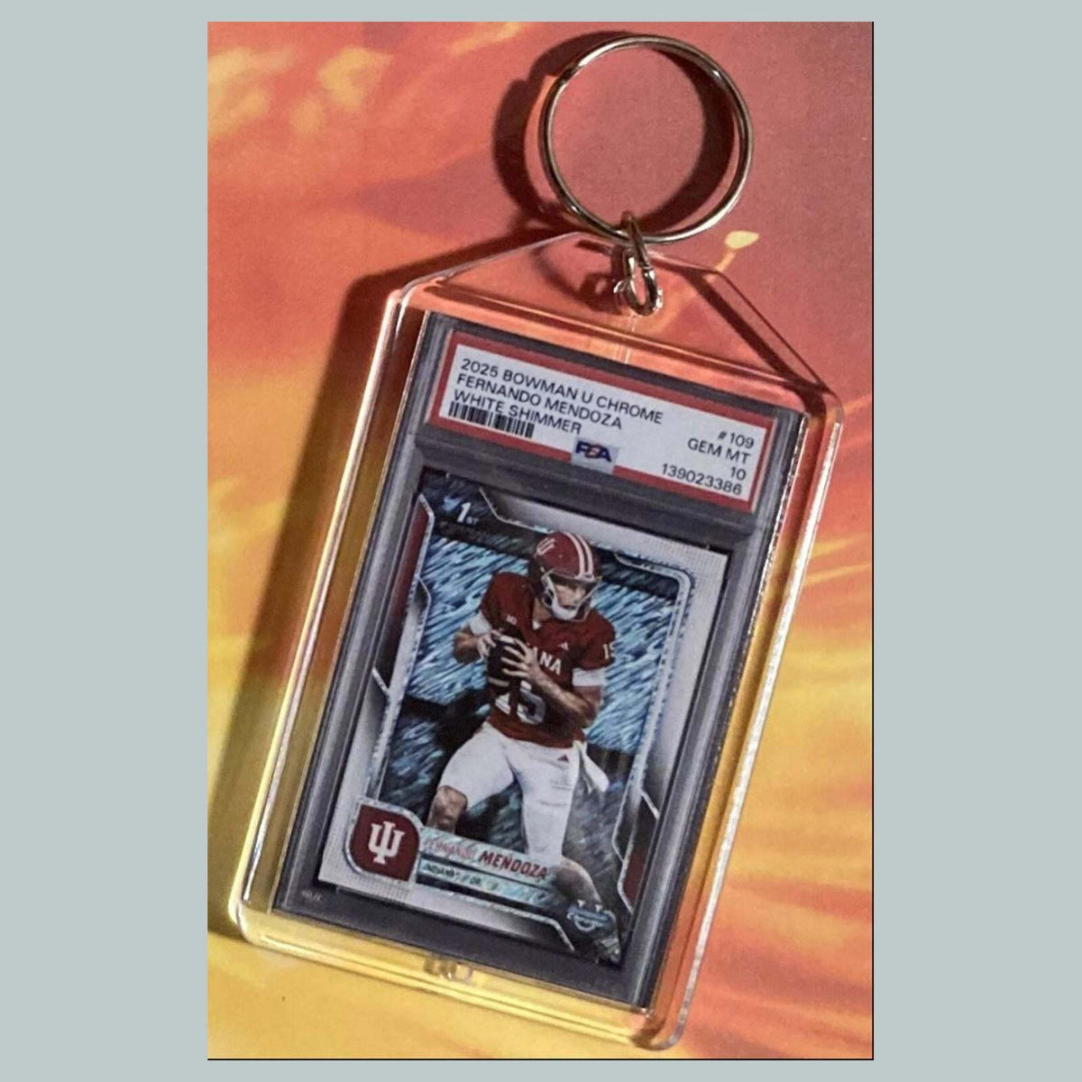 3731 Fernando Mendoza 2025 Bowman U White Shimmer Custom Hand Made Keychain