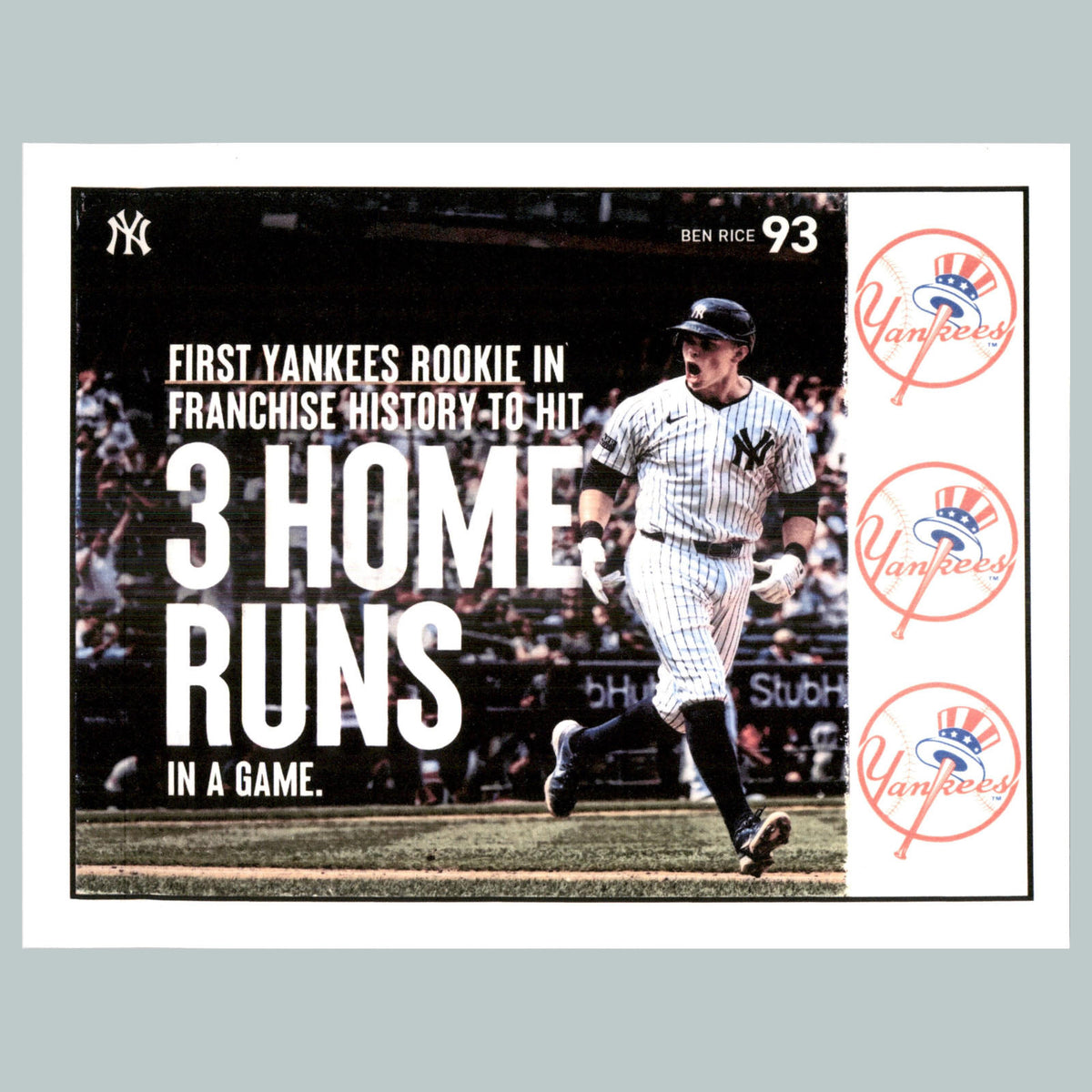 0073 P -8X10 Ben Rice 3hr-With 3 Yankee Logos Glossy Photo Fast Ship BBL